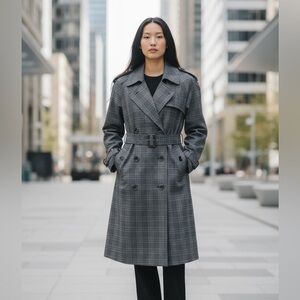 Plaid Heritage Print Double Breasted Belted Trench Coat Oversized Fit Size M